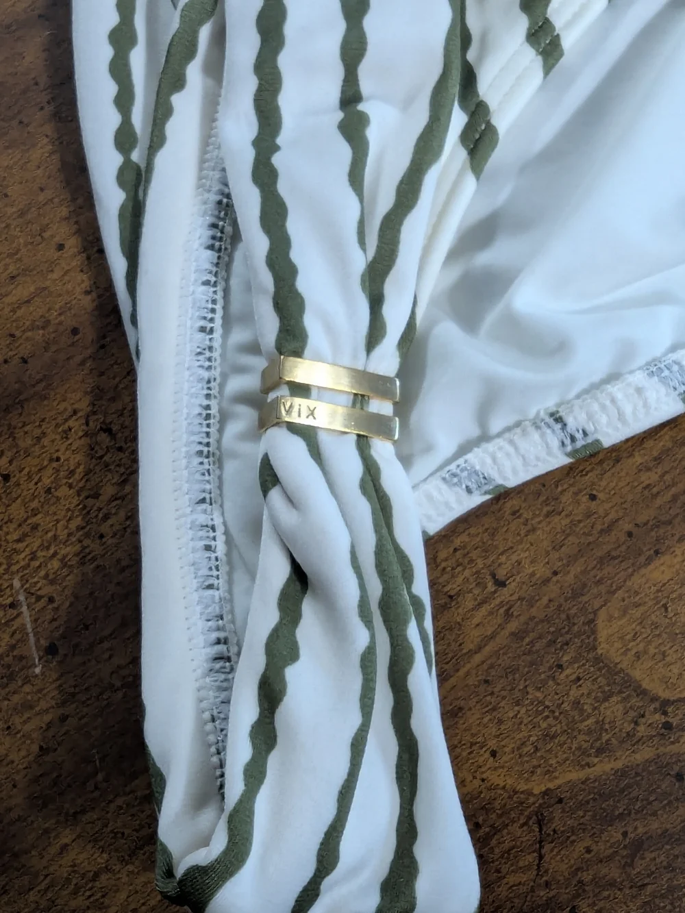Striped Olive & White Bikini Bottom with Gold Accent